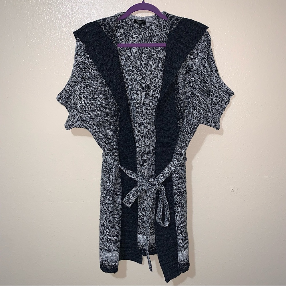 Talbots Cardigan Sweater Open Front Hoodie Short Sleeve Tie Belt Waist 1X Women